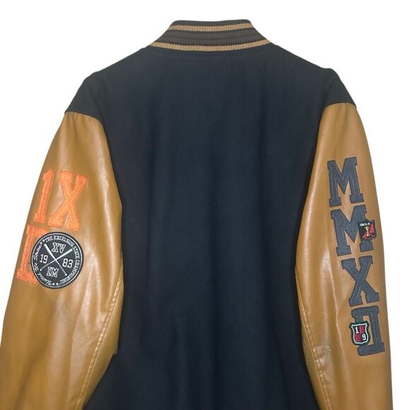 Springfield Black Brown Long Sleeve Varsity Jacket Size L Wool Leather Trim - Picture 5 of 14
